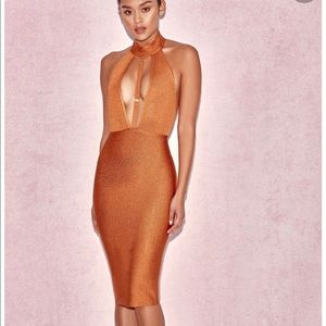 “Damara” Camel Lurex Halter Bandage Dress